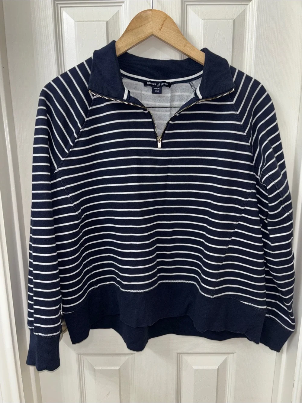 Nautica Navy & White Striped Quarter-Zip Pullover Sweatshirt